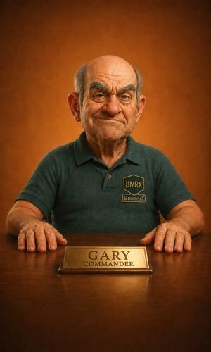 Gary, Commander, seated at a desk in a BoomerX polo shirt behind a brass nameplate reading GARY COMMANDER