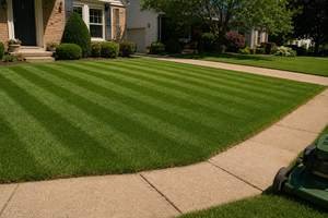 A striped, freshly mowed front lawn
