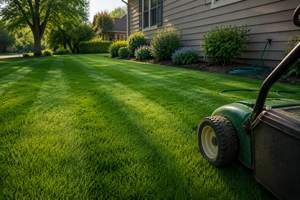 The same lawn from a different angle, with a mower in frame