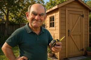 Gary standing beside a wooden shed holding a tape measure