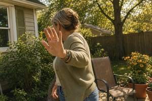Karen raising a hand to block the camera